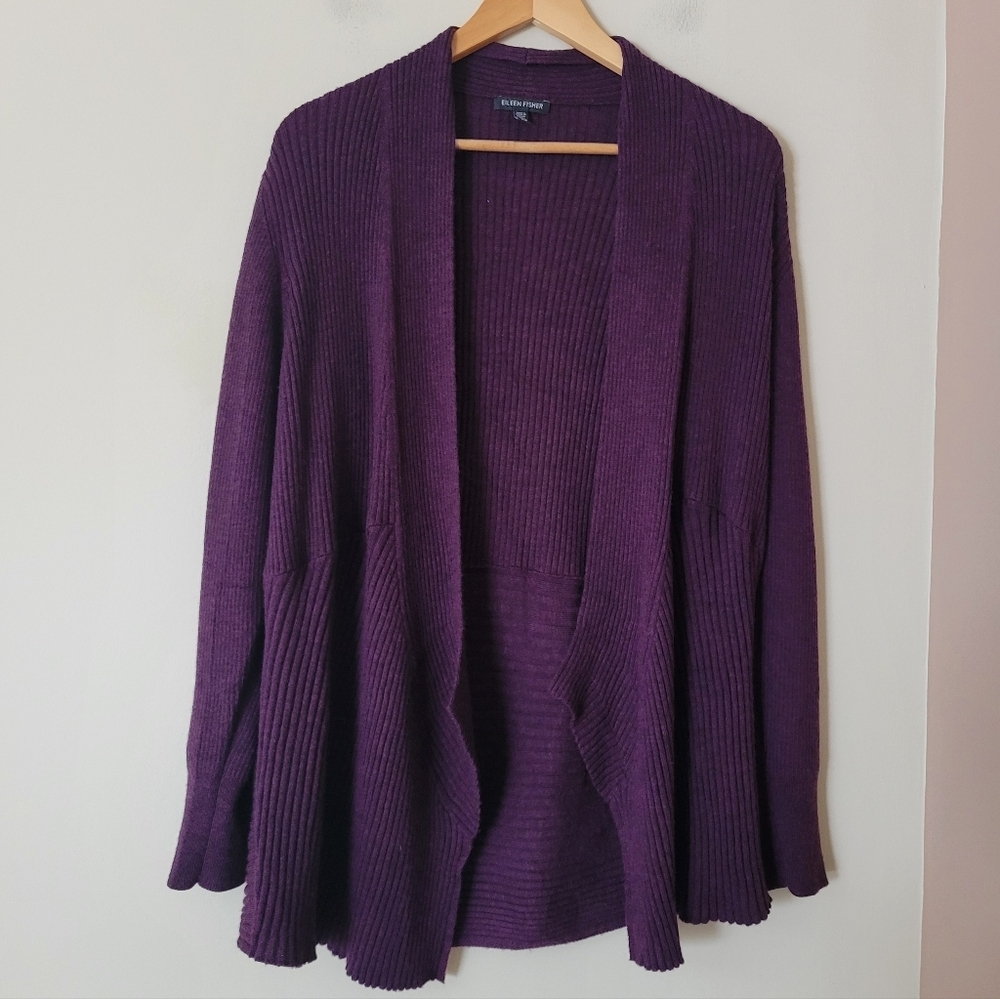 Eileen Fisher Merino Wool Open Front Ribbed Women's Cardigan Knit Sweater Medium